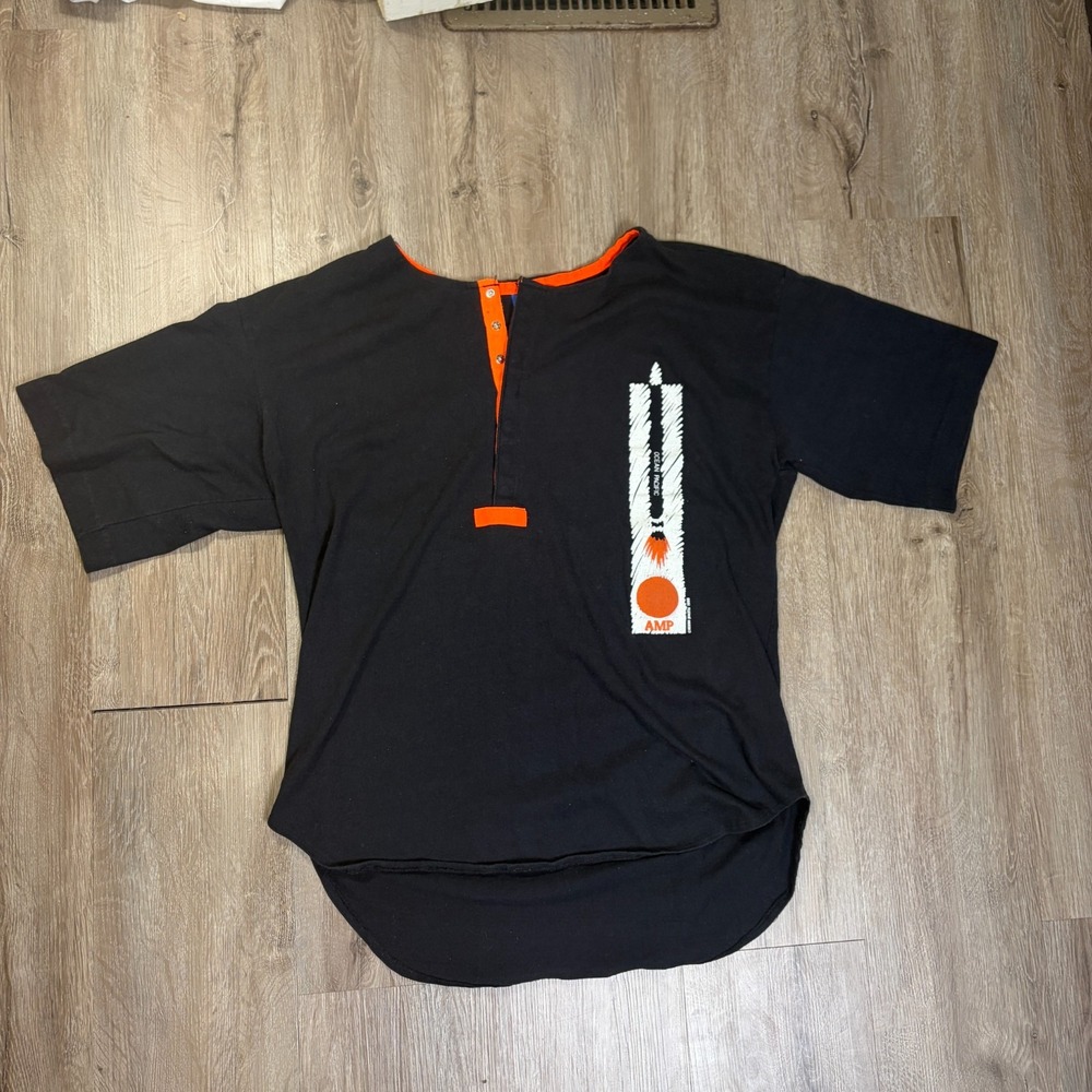 VTG Ocean Pacific Henley T Shirt Mens Large Black Orange Short Sleeve Cotton
